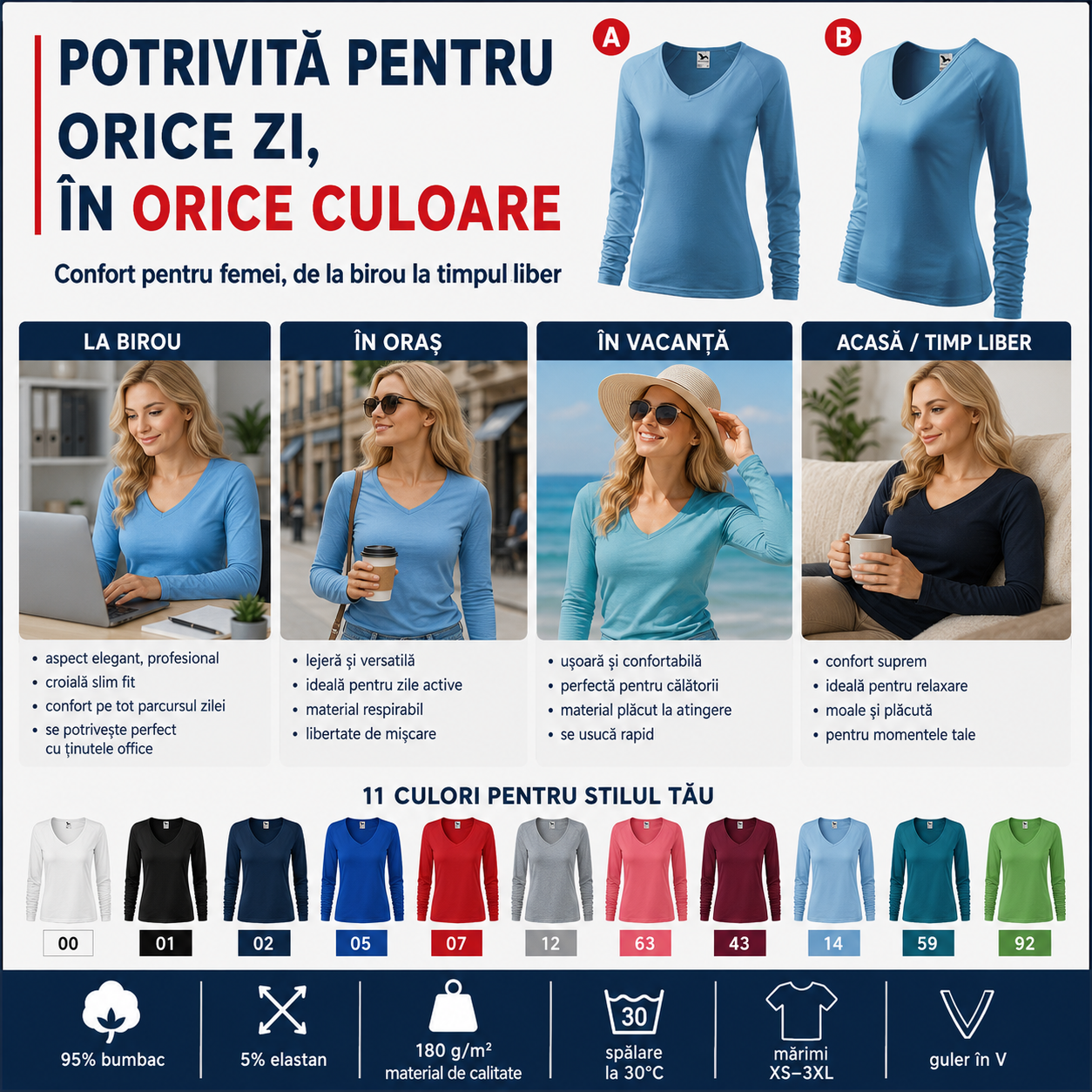 Bluză damă Malfini Elegance 127 vedere față, guler &icirc;n V, m&acirc;neci raglan și croială slim fit